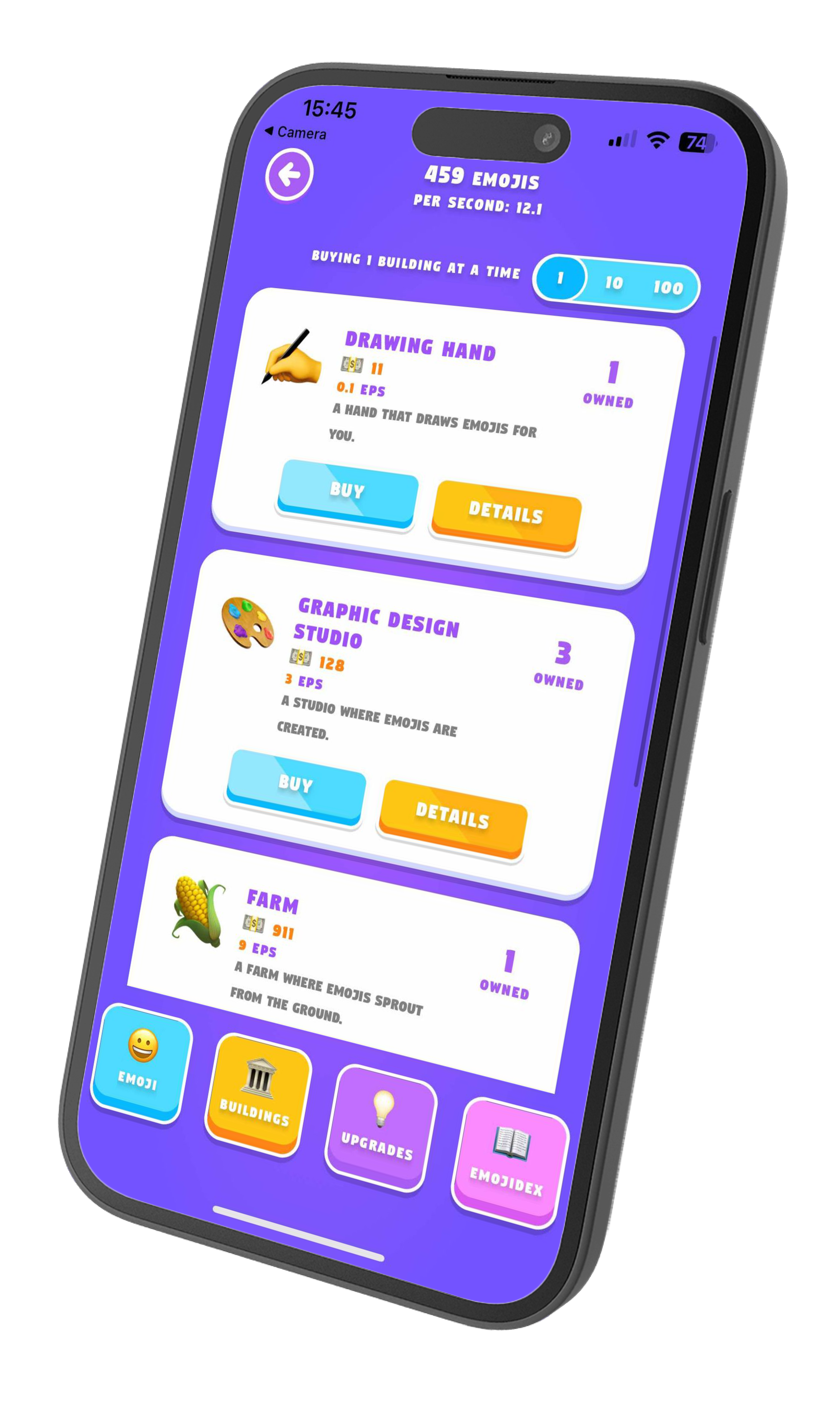 A phone running Emoji Tycoon